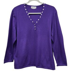 White Stag Sweater Womens Large Purple Eggplant V Neck Button Henley Long Sleeve